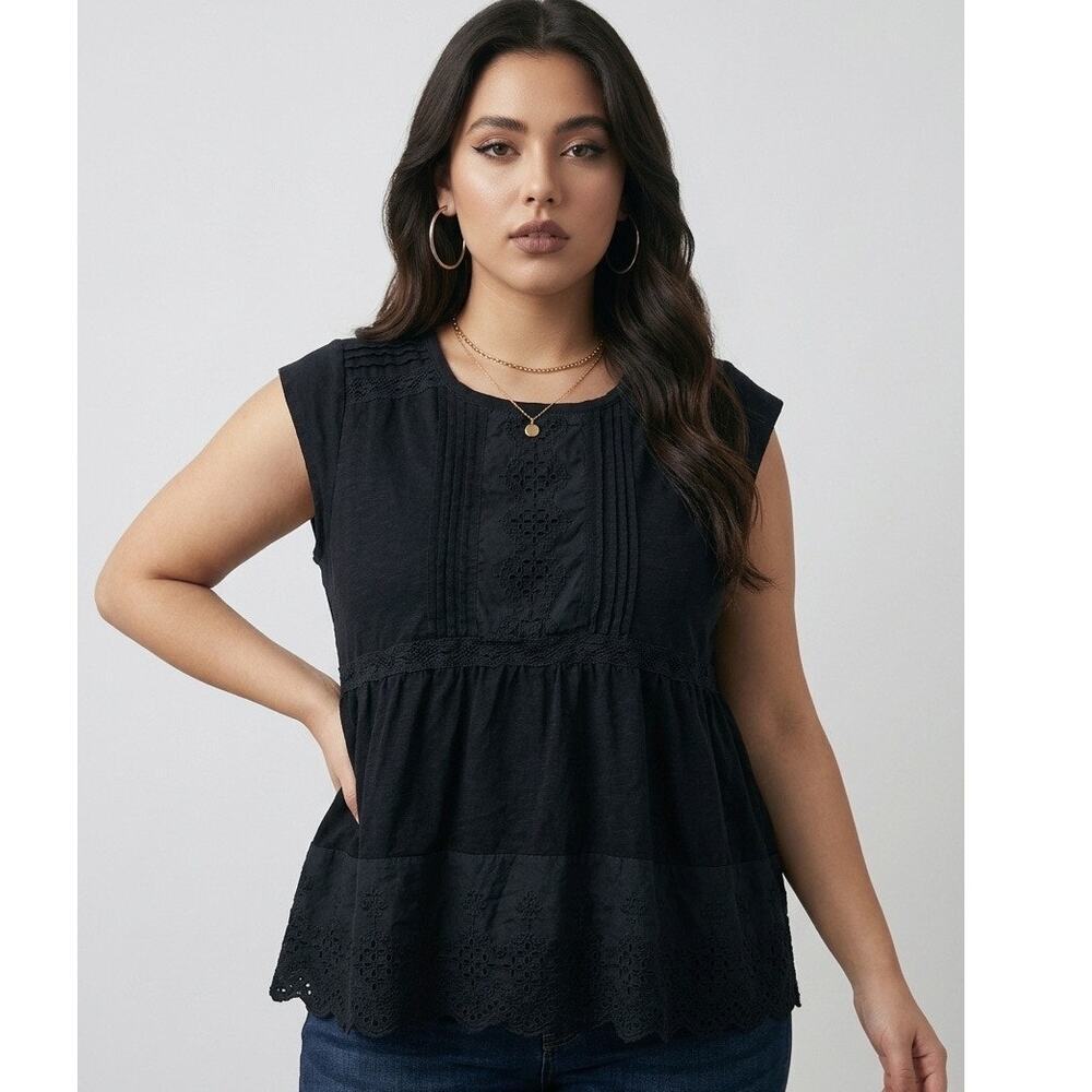 Lucky Brand Tiered Top Womens Large Dark Fair Cottage Eyelet Boho 100% Cotton